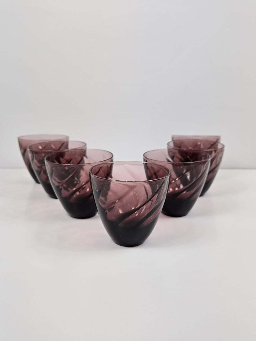 Vintage Amethyst Purple Swirl Glass Tumblers Drinking Glasses Set of 7